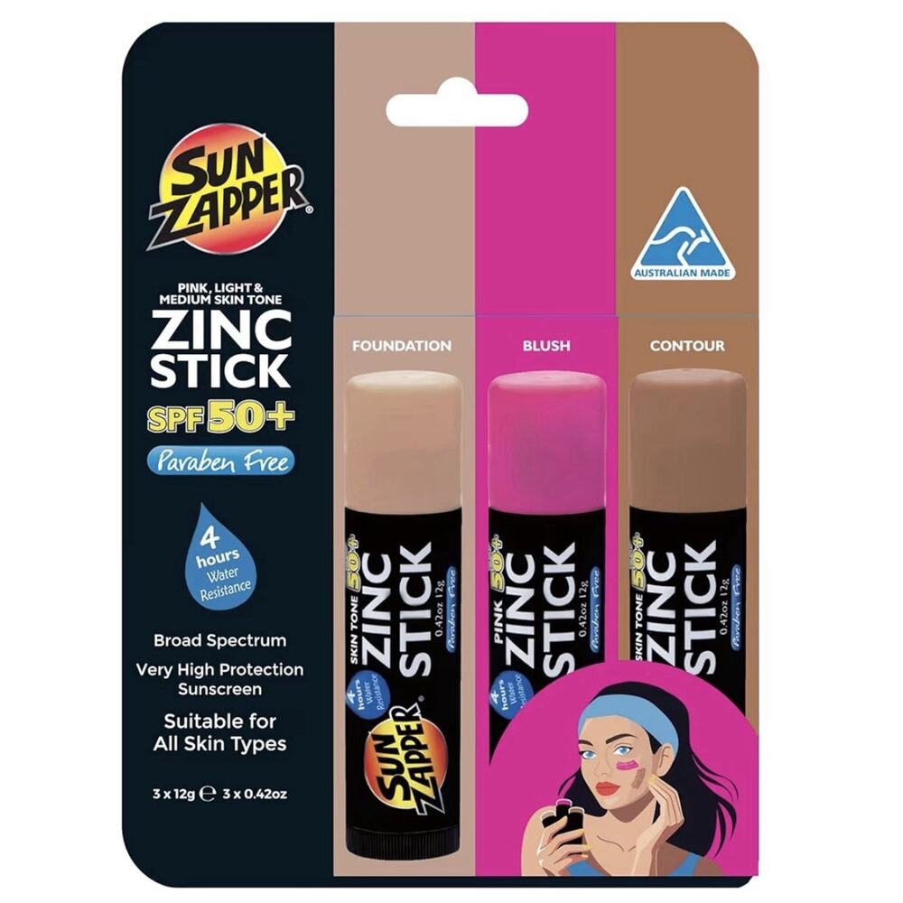 Sun Zapper Zinc Stick SPF 50+ Tinted Sunscreen 3 Pack Light Pink Contour